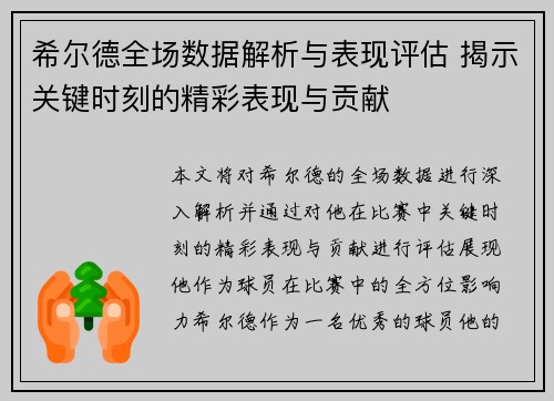 希尔德全场数据解析与表现评估 揭示关键时刻的精彩表现与贡献